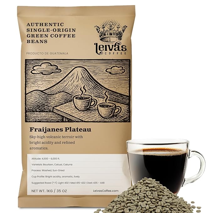Leiva’s Unroasted Green Coffee Beans (1kg) – Fraijanes Plateau Single Origin Coffee w/Aromatic Notes – Washed Shade Grown Organic Guatemala Beans – Bright Acid Whole Bean Unroasted Blend