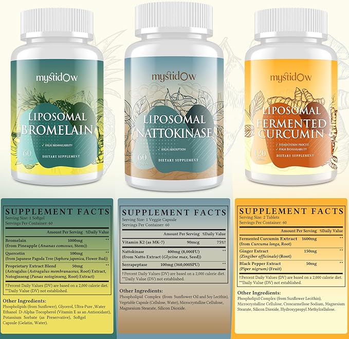 Spike Support Trio | Liposomal Nattokinase 8000 FU 500mg Bromelain 1150 mg &amp Fermented Curcumin 1800 mg | High Potency Enhanced Absorption Formula | for Immune Heart &amp Circulatory| 60 Servi