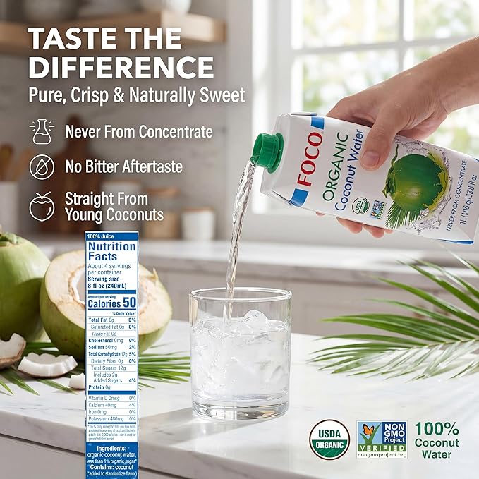 FOCO UHT Organic Coconut Water 33.8 Fl Oz Pack of 6 NON-GMO Never from Concentrate