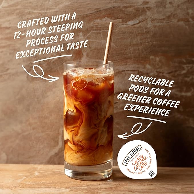 JAVA HOUSE Salted Caramel Latte Cold Brew Coffee Pods (12 Count) Peel and Pour Pods Hot or Iced