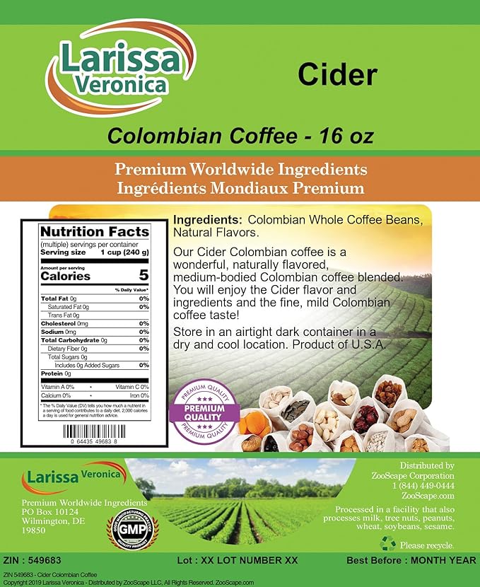 Cider Colombian Coffee (Gourmet Naturally Flavored Whole Coffee Beans) (16 oz ZIN: 549683)