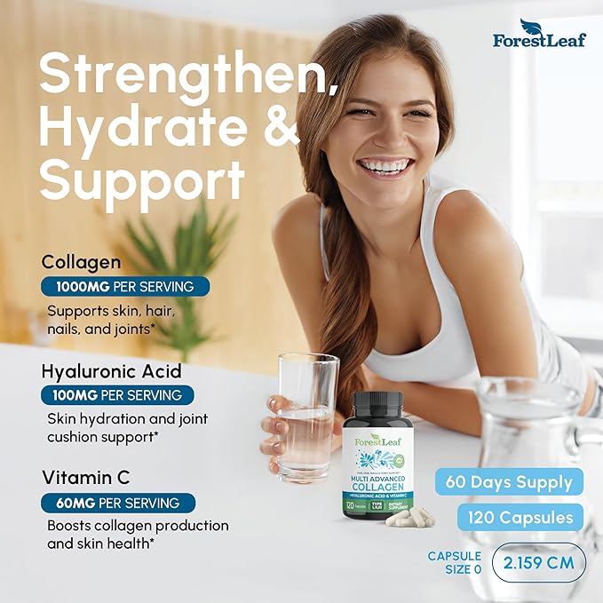 ForestLeaf Multi Collagen Pills with Hyaluronic Acid + Vitamin C | Hydrolyzed Collagen Supplements for Women or Men | Multi Collagen Capsules Peptides for Skin Wrinkles 120 Caps