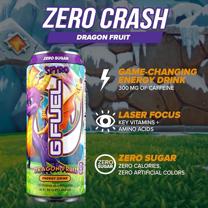 G Fuel Energy Drink Dragon Fruit Sugar Free Beverage with 140mg Caffeine Daily Energy Boost with Focus Amino Vitamin + Antioxidants 16 oz Cans (Spyro the Dragon 12-Pack)