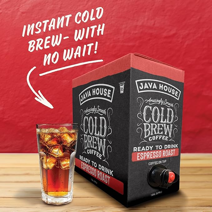 Java House Cold Brew Coffee on Tap – Premium 100% Arabica Dark Roast – Smooth Espresso Flavor with Dark Chocolate Notes – 1 Gallon Box (16 Servings) – Ready to Drink No Brewing Required Fridge-Frien