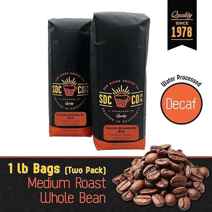 San Diego Coffee Chocolate Macadamia Nut DECAF Medium Roast Whole Bean Coffee 16-Ounce Bags (Pack of 2) Café en grano tostado descafeinado