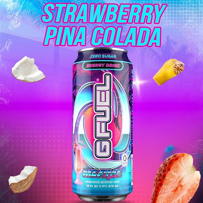 G Fuel Energy Drink Strawberry Pina Colada Sugar Free Beverage with 140mg Caffeine Daily Energy Boost with Focus Amino Vitamin + Antioxidants 16 oz Cans (Miami Nights 12-Pack)