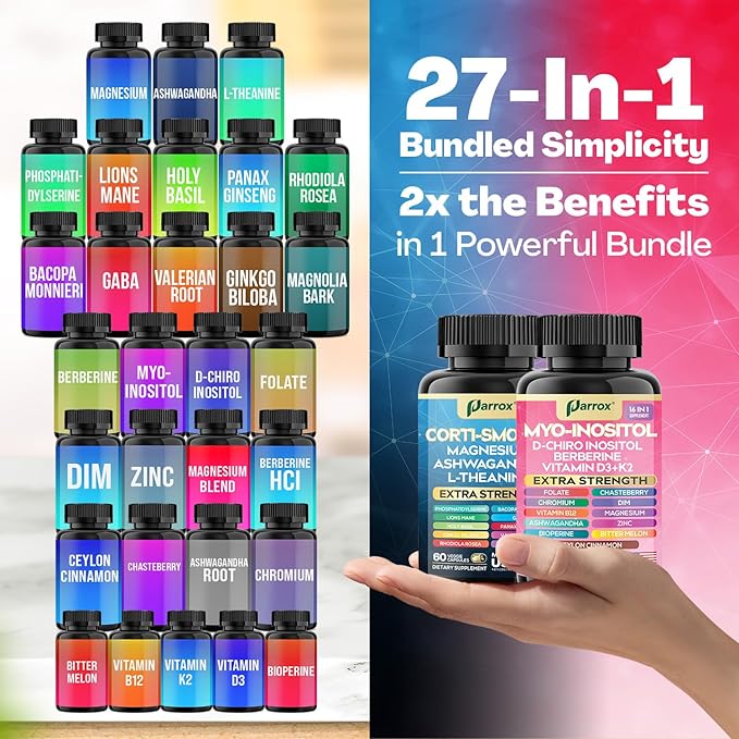 Cortisol &amp Myo-Inositol Supplement Bundle Soothe &amp Smooth Bundle Cortisol Balance GABA Magnesium Ashwagandha L-Theanine D-Chiro Inositol Folate Berberine Chasteberry Zinc (3 Pack)