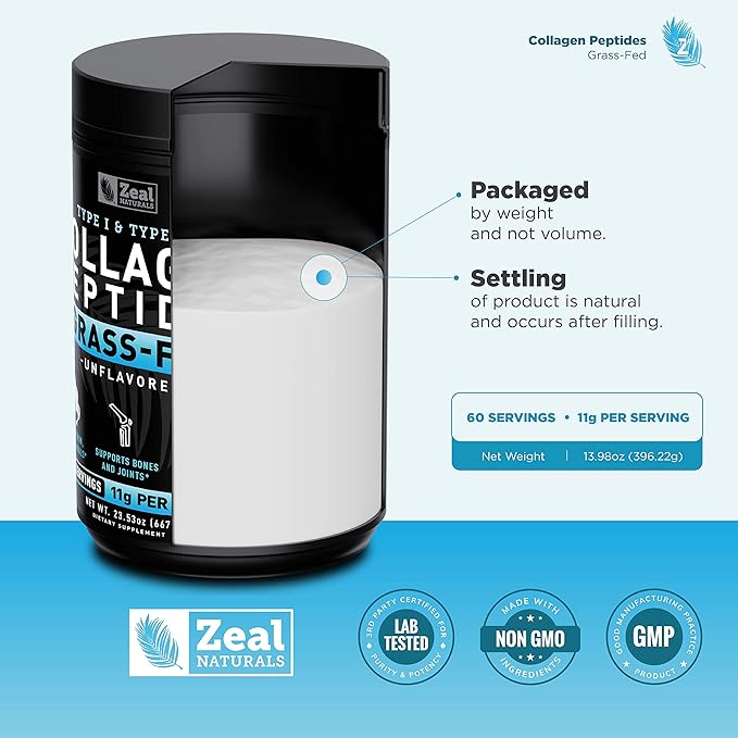 Zeal Naturals Hydrolyzed Collagen Peptides Powder 10g Protein | Grass-Fed Collagen for Women &amp Men | Essential Amino Acids | Hair Skin Nails Bone Health | 45 Servings Unflavored