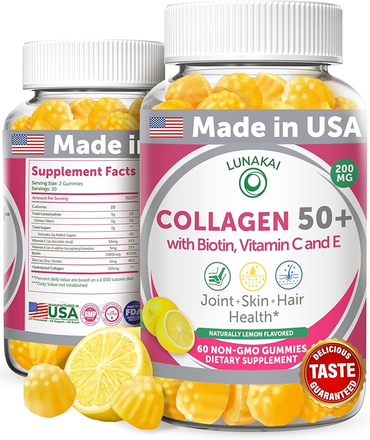Lunakai USA Manufactured Collagen Gummies for Women &amp Men Over 50 Biotin &amp Vitamin C Supports Skin Elasticity Hair &amp Nail Strength Joint Support 60ct