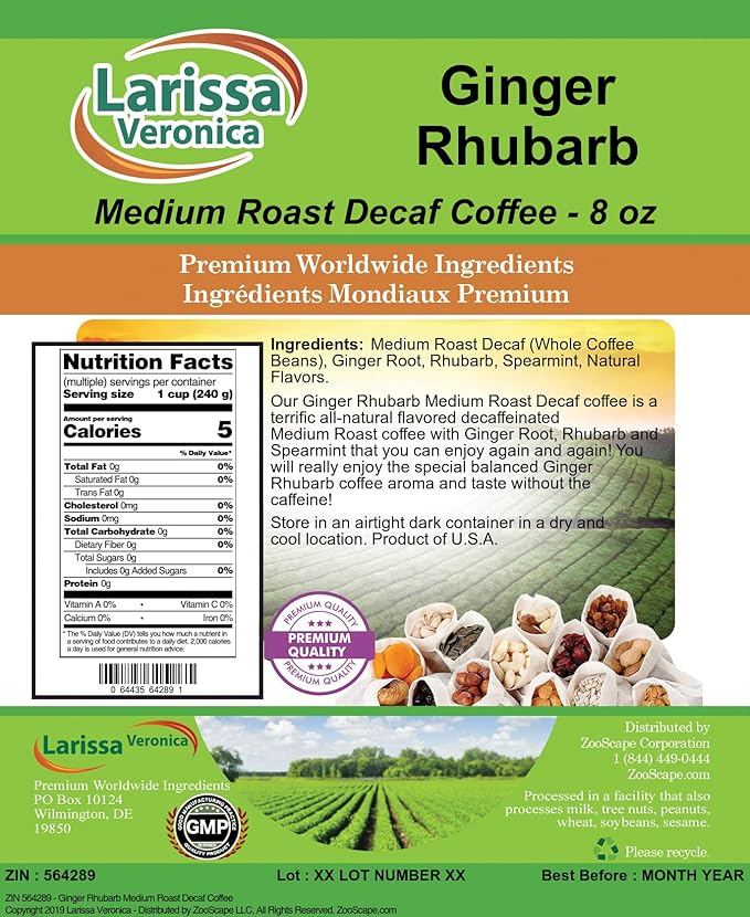 Ginger Rhubarb Medium Roast Decaf Coffee (Gourmet Naturally Flavored Whole Coffee Beans) (8 oz ZIN: 564289) - 2 Pack