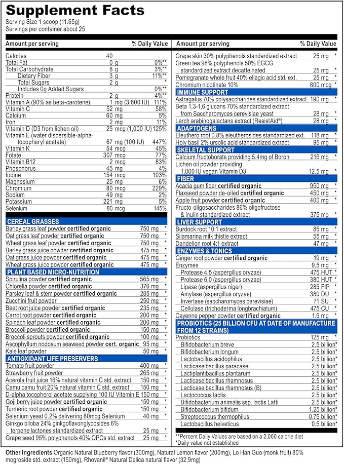 Vibrant Health Green Vibrance Superfoods Powder with 70+ Plant-Based Whole Foods &amp 25 Billion Probiotics Per Serving Blueberry Lemon 25 Servings