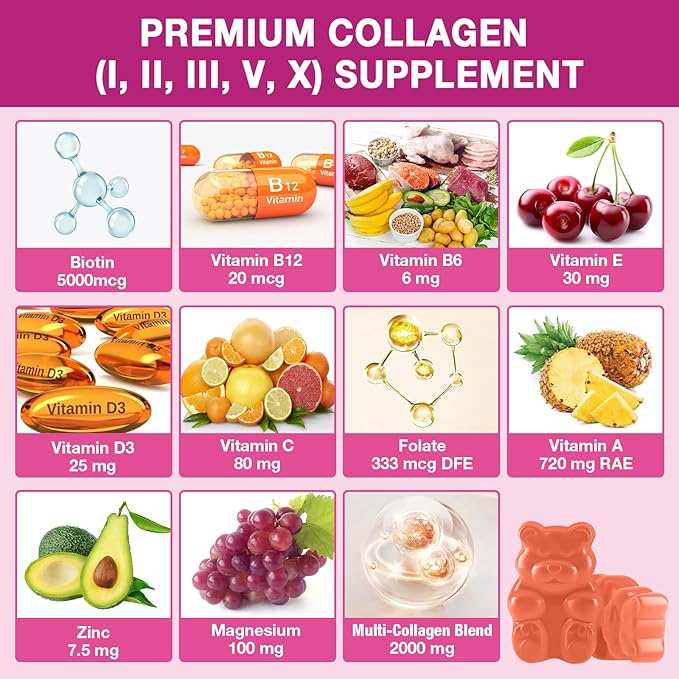 2-Pack Collagen Gummies for Women &amp Men - with Biotin Vitamin C &amp Zinc for Skin Radiance Hair Growth Strong Nails &amp Joint Support 120 Count