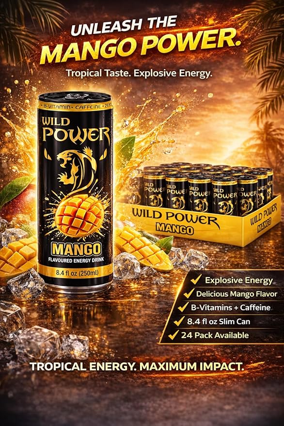 Wild Power Mango Energy Drink with a Hint of Passion Fruit 8.4 fl oz (250 mL) Slim Cans 24 Pack