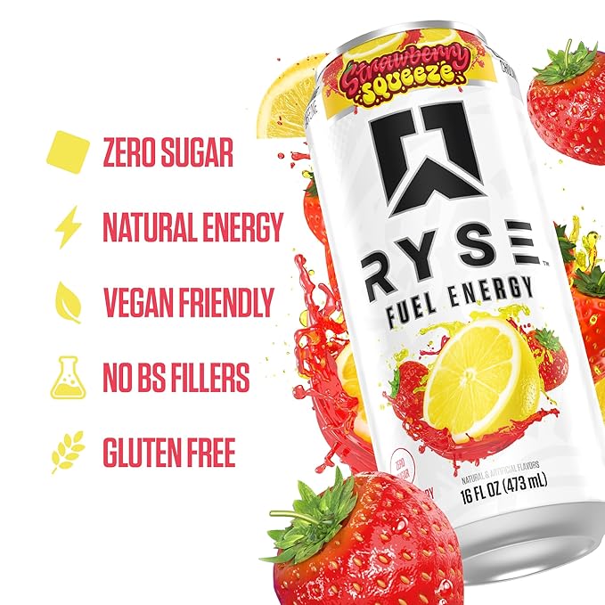 RYSE Fuel Energy Drink - Strawberry Squeeze - Sugar Free Gluten Free &amp Vegan - 200mg Natural Caffeine Taurine &amp Choline for Focus &amp Energy - No Artificial Colors - 16 fl oz Cans (12-Pack