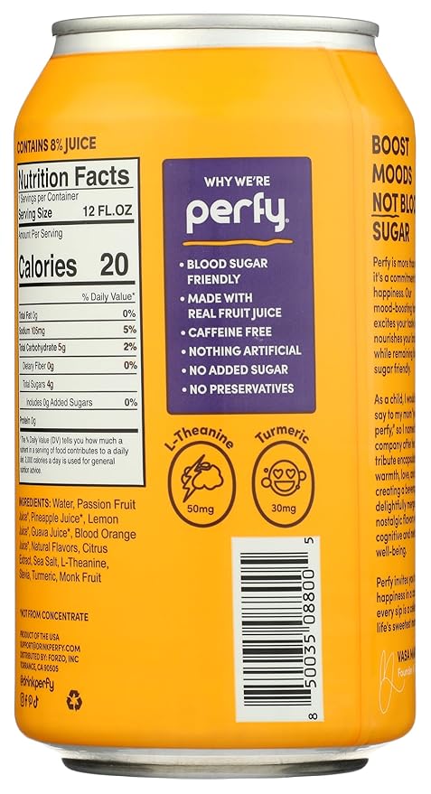 PERFY Soda Superfood Nootropic Soft Drink | Low Sugar Low Carb Gluten Free Caffeine Free Keto Soda | All Natural Soft Drink Made With Real Fruit Juice L-theanine &amp turmeric | 12 Pack (Tropica