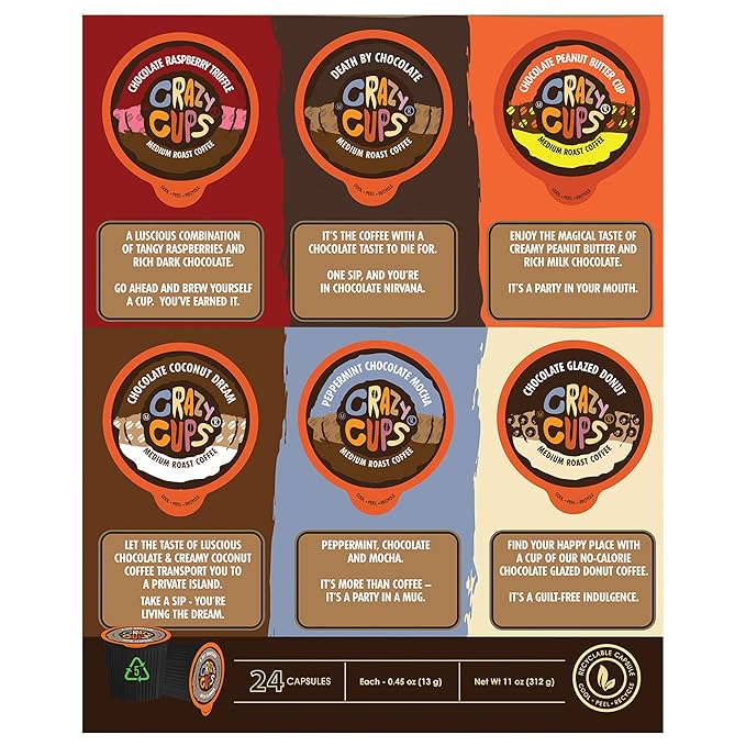 Crazy Cups Flavor Variety Pack Single Serve Coffee Pods - 30 Count &amp Chocolate Lovers Pods 24 Pack