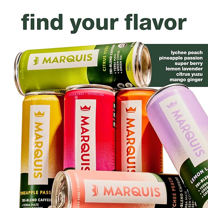 Marquis Natural Energy Drinks Sugar Free Zero Calories - 100mg Organic Plant Based Caffeine Yerba Mate Green Tea &amp Green Coffee - Vitamin C &amp Bs - Super Berry Healthy Energy Drink - 12oz Cans