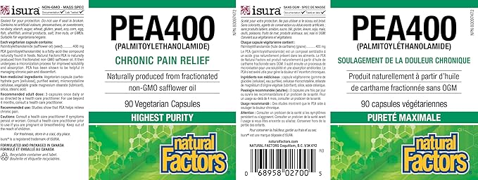 Natural Factors PEA400 - Pure Palmitoylethanolamide for Relief - Supports Nervous System &amp Occasional Discomfort - Non-GMO - 90 Capsules (90 Servings)