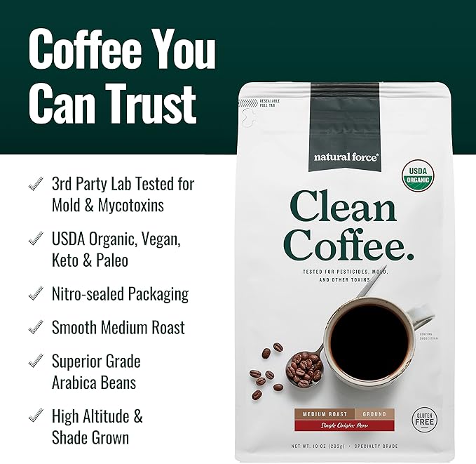 Natural Force Organic Ground Clean Coffee + Organic MCT Oil Bundle – 100% Pure Coconut MCTs &amp Mold &amp Mycotoxin Free Coffee – Non-GMO Keto Paleo and Vegan - 10 Oz Bag and 16 Oz Glass Bottle