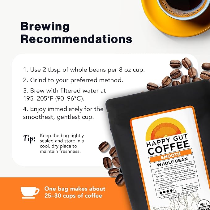 Happy Gut Coffee - Doctor-Formulated Organic Medium-to-Dark Roast Coffee - Gut-Friendly - Gentle on Stomach - Rich Flavor Gluten-Free No Bitterness - 12oz - SMOOTH - Whole Bean