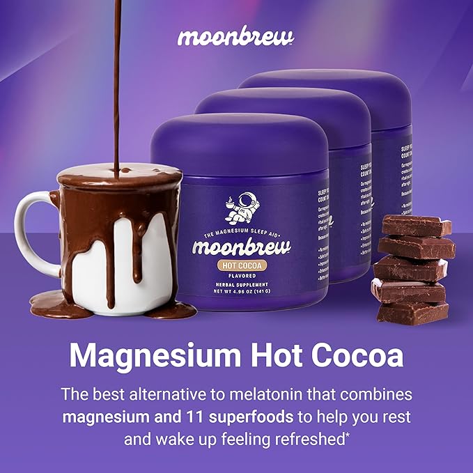 MoonBrew Nighttime Magnesium Hot Cocoa Natural Sleep Aid Drink Mix for Adults 3-Pack - Calming Melatonin-Free Sleep Support - Sleepy Hot Chocolate Powder with L-Theanine Chamomile &amp Zinc Glycin