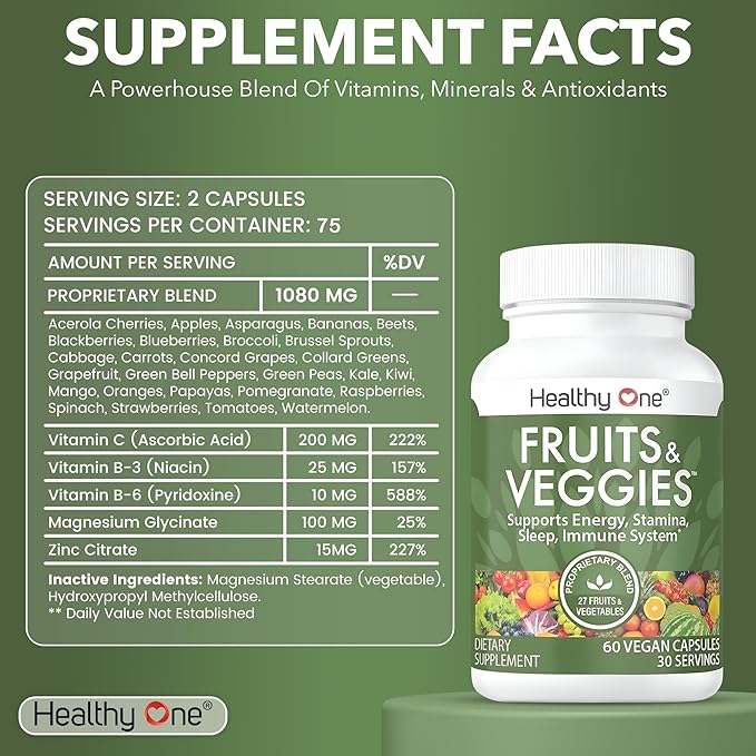 Fruits &amp Veggies Formula - 27 Premium Whole Foods - Organic Ingredients - Equals 3 Servings of Fruits &amp Vegetables - Improve Energy Focus &amp Immune Function - Fiber - Antioxidants - 150ct