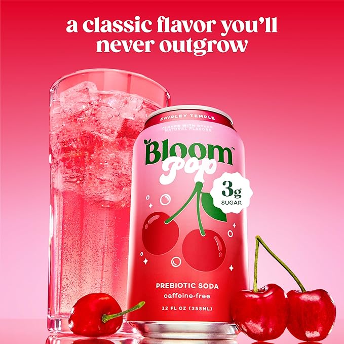 Bloom Pop Prebiotic Soda 12 Pack Shirley Temple Flavor 12oz Cans | Prebiotic Soda for Gut Health Low Calorie Soda No Caffeine Healthy Soft Drink Alternative