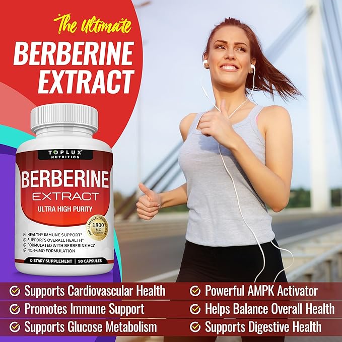 Toplux Berberine Supplement 1800mg - Berberine HCL 97% Tested Ultra High Purity Premium Berberine Extract to Support Overall Health High Potency Berberine Plus Non-GMO Vegan Men Women 90 Capsules