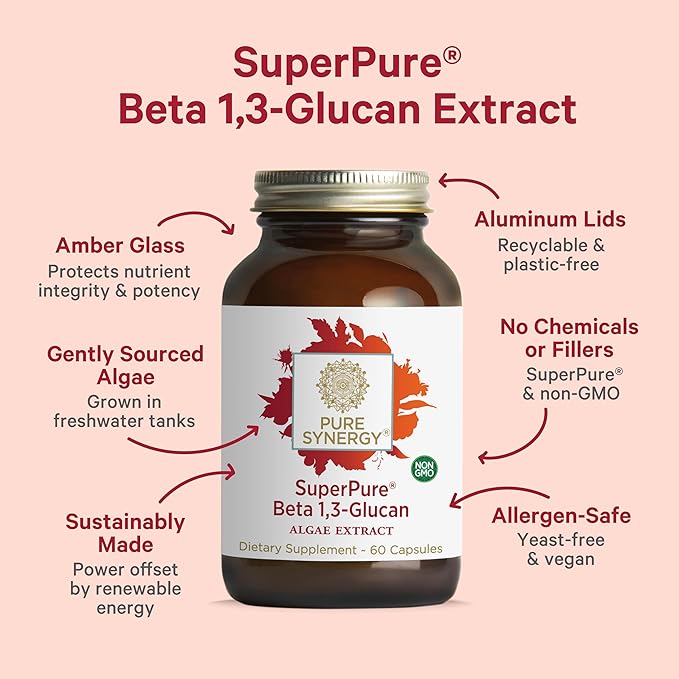 PURE SYNERGY SuperPure Beta 13-Glucan Extract | 500 mg Beta 13-Glucan Supplement from Algae | Yeast-Free Non-GMO Standardized Extract | Supports Immune Health &amp Digestion (60 Capsules)