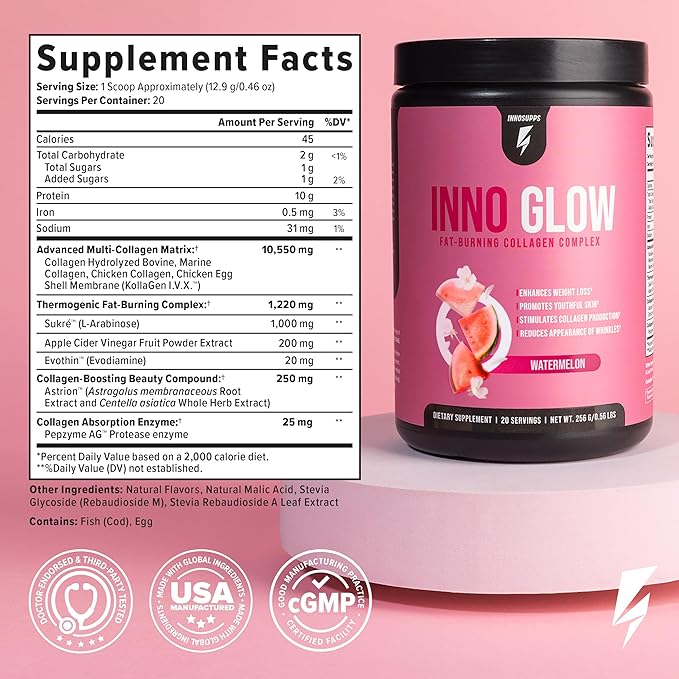 InnoSupps InnoGlow Multi Collagen Peptides Powder for Weight Loss - Thermogenic Fat Burner and Anti Aging Collagen Powder for Women - Hair Skin Nails Joint Support - 20 Servings (Watermelon)