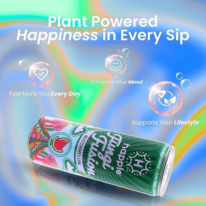 Happie Fungi Fusion Watermelon – Sparkling Mushroom Drink with Lion's Mane (900mg) Cordyceps &amp Reishi – Caffeine-Free Functional Beverage Zero Sugar Vegan Adaptogen Soda Alternative (12 Pack)
