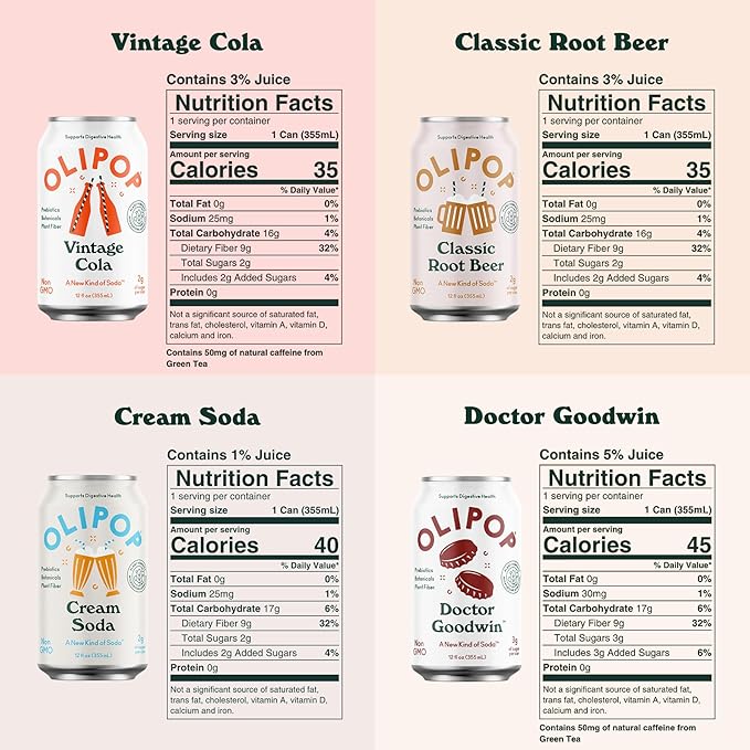 OLIPOP - Taste Test Pack 12-Flavor Soda Variety Pack Healthy Soda Prebiotic Soft Drinks Supports Digestive Health &amp Gut Health High Fiber Low Calorie Low Sugar (12 oz 12-Pack)