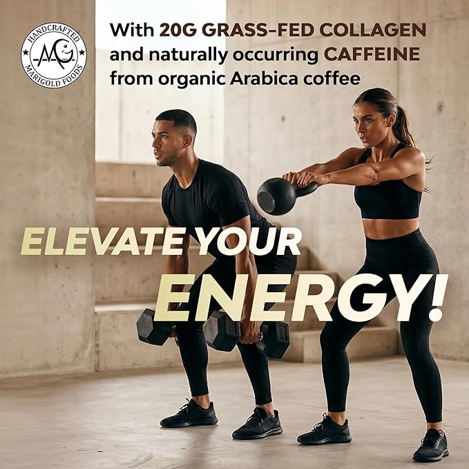 MariGold High Protein Collagen Coffee - Vanilla Collagen Latte Dairy Free 20g Grass-Fed Type I &amp III Collagen Peptides Energy Boost 2 Shots Organic Espresso Non-GMO 1 Lb Bag 15 Servings