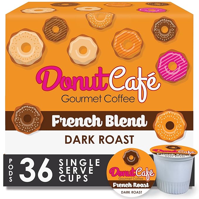 Donut Café – Gourmet Single Serve Coffee Pods for Keurig K-Cup Brewers Dark Roast 100% Arabica Non-GMO &amp Gluten Free French Roast Blend 36 Count