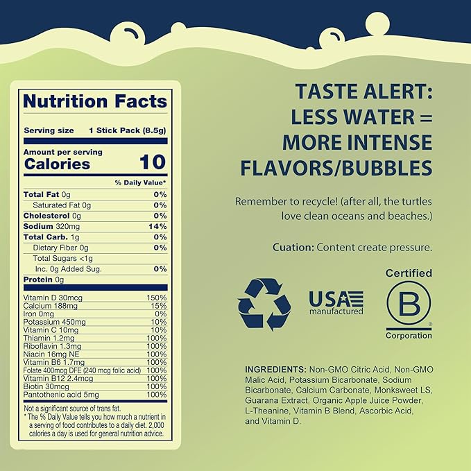 Bobelo Self Carbonating Clean Energy + Hydration Electrolytes Powder Drink Mix Crisp Apple Rush 100mg Guarana Caffeine Sugar Free 15 Pack