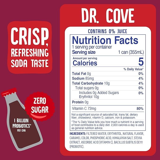 Cove Probiotic Soda Zero Sugar Better-For-You Alternative - Refreshing Delicious Probiotic Drink No Synthetic Colors &amp Caffeine Free - Dr. Cove 12 Pack