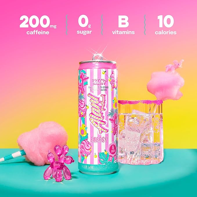 Alani Nu COTTON CANDY Sugar Free Low Calorie Energy Drinks 200mg Caffeine Biotin B Vitamins Zero Sugar 10 Calories 12 Fl Oz Cans 12 Pack
