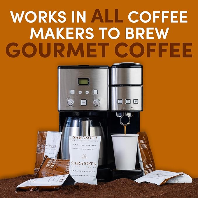 Coffee Packets – Salted Caramel Flavored Ground Coffee Packs | Gourmet Medium Roast Low Acid Mold Free Pre-Measured Pouches for 12 Cup Brewers | 2 oz Single-Pot Bags 36 Count – Sarasota Coffee