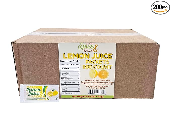 Lemon Juice | 4 Gram Portion Control Packets | Made in America | By Dasher's Spice &amp Beans | 200 Count