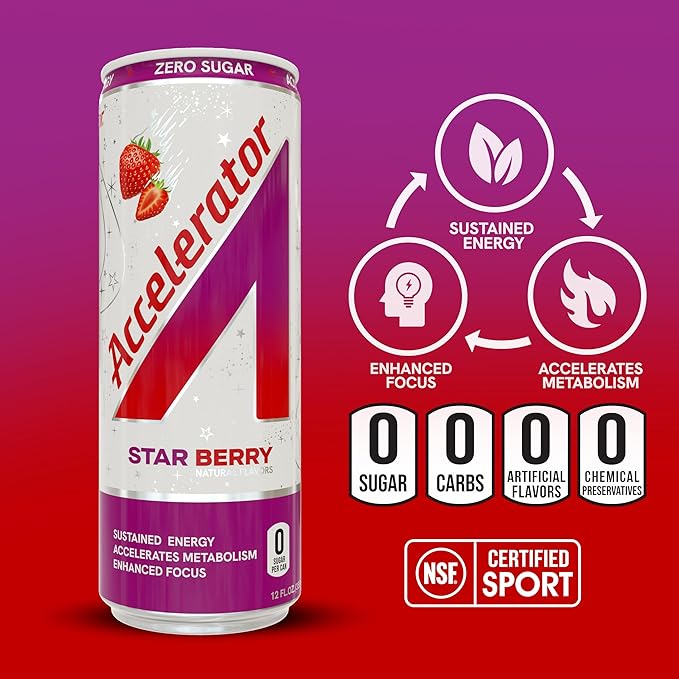 Accelerator Energy Drink Star Berry 12oz can (12 pack) Zero Sugar Sustained Energy from 100% Natural Caffeine (200mg from Green Coffee Bean &amp Green Tea extract)