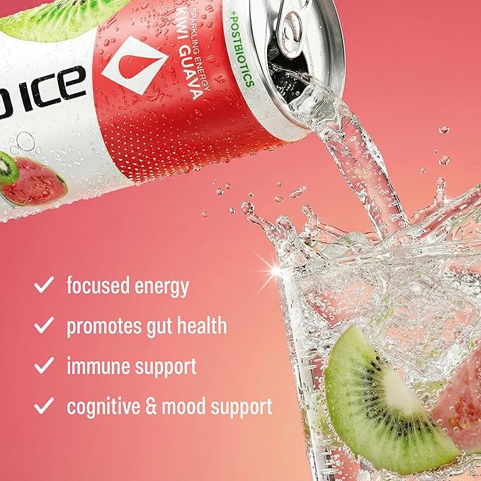 Liquid Ice Energy Drink - With Postbiotics For Gut-Health Natural Caffeine Zero Sugar 120mg Caffeine L- Theanine Antioxidant Support Clean Focused Energy with Green Tea Extract COQ10 Kiwi Guav