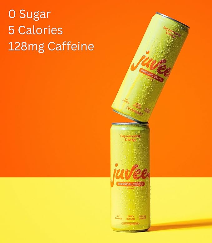 Juvee Rejuvenating Energy Drink – Sugar Free Tropical Crush Flavor 12 oz Cans (12-Pack) – 128mg Natural Caffeine Zero Sugar Low Calorie Clean Energy &amp Mental Focus Support