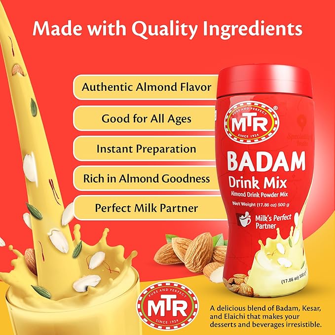 MTR Badam Drink Mix – 500g Pack of 6 Multi-purpose Drink Mix Premium Almond Drink Mix made with select quality Almonds Saffron &amp Cardamom Authentic Indian Flavor Quick &amp Easy to Prepare