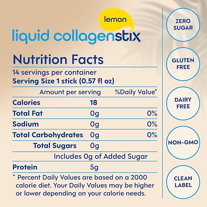Hydrolyzed Liquid Collagen Peptides for Women &amp Men - Grass-Fed Bovine Protein Supplement for Hair Growth Skin and Nails (Pack of 28 Lemon)