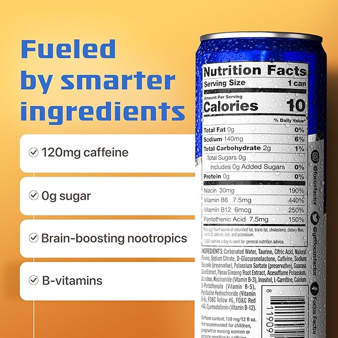 Focus Factor Energy Drink - 12 x 355ml Cans (Orange Flavour) - with Focus + Energy - Lightly Carbonated Sugar Free Low Calorie with Vitamin B6 &amp Vitamin B12
