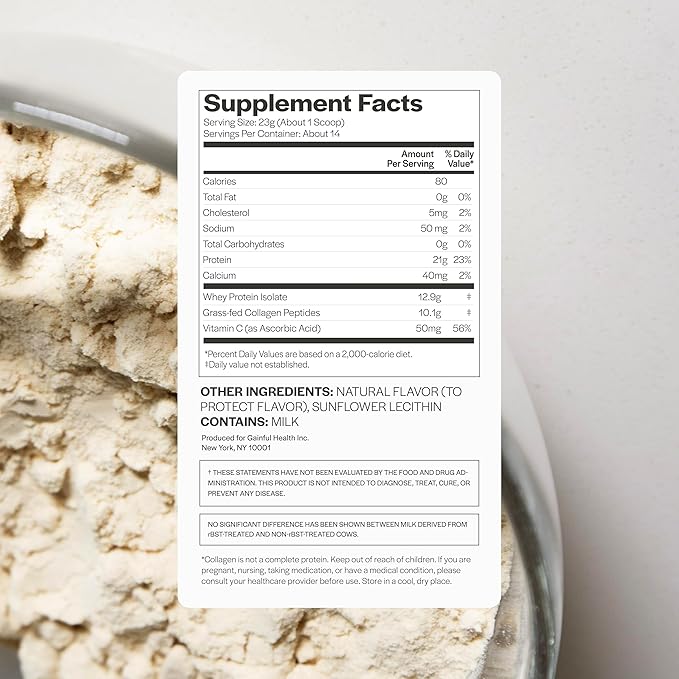 Gainful Collagen Whey Protein Powder 21g Protein per Serving Unflavored Supports Muscle Recovery Joint Health and Skin Hydration with Grass-Fed Collagen Peptides Vitamin C 14 Servings