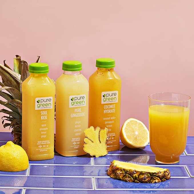 Pure Green Cold Pressed Juice - Pure Gingerade - Fresh Functional Blend with Agave Ginger Lemon Cayenne - Natural Gluten Free Non-GMO No Artificial Colors or Flavors - Made from Real Fruits &amp