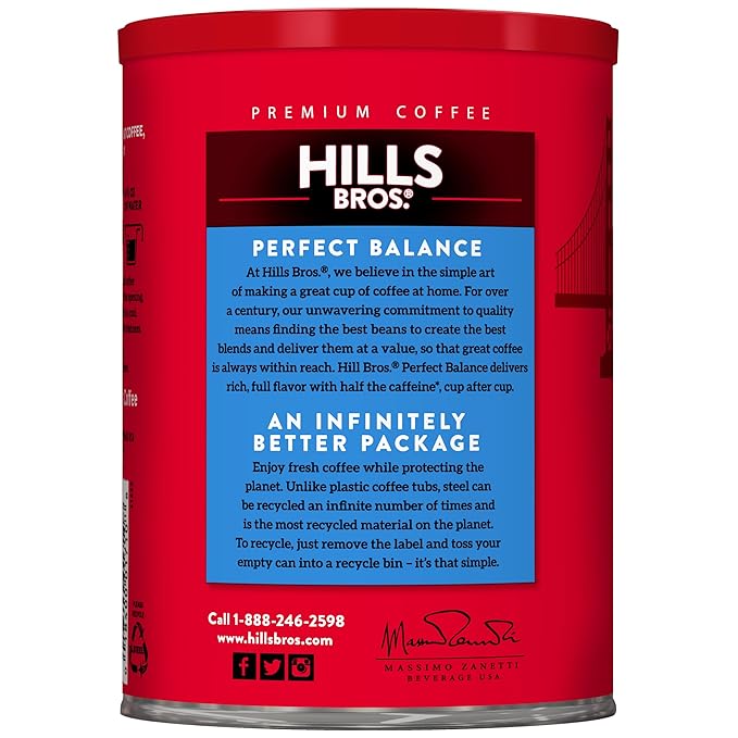 Hills Bros. Perfect Balance Ground Coffee – Premium Arabica Coffee Beans – Medium Roast Rich Flavor Cup After Cup – Recyclable Steel Can for Freshness – Certified Kosher – 10.3oz Can Pack of 6