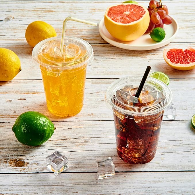 Vplus 200 Pack 12 OZ PET Clear Plastic Cups with Lids 12 OZ Crystal Cold Disposable Drinking Plastic Cups with Flat Lids Perfect for Ice Coffee Smoothie Juice