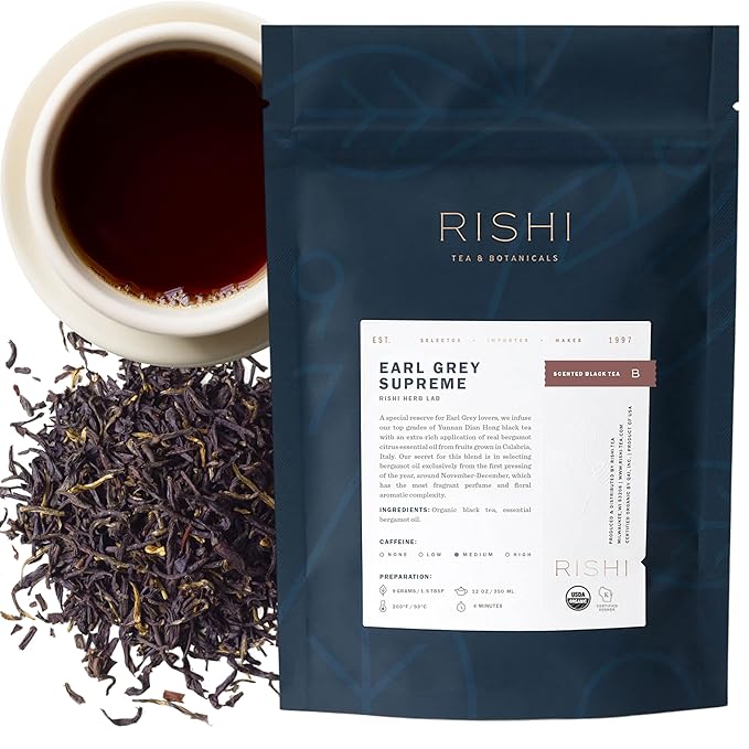 Rishi Tea Earl Grey Supreme Tea - Organic Caffeinated Loose Leaf Tea with Bergamot Oil and Top Grade Yunnan Black Tea - 4 Ounces 12+ Servings